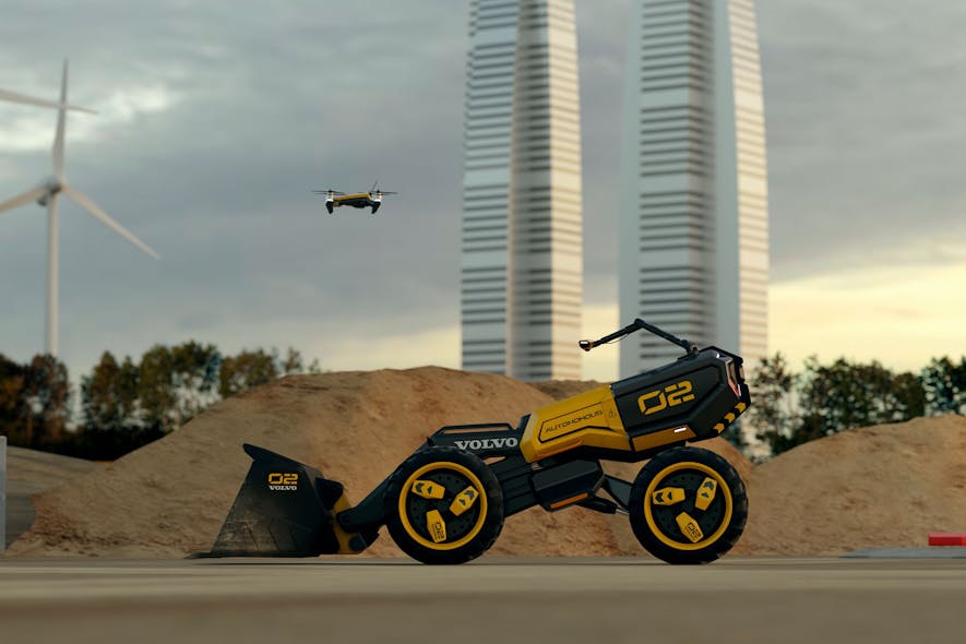 Zeus is Volvo&apos;s autonomous concept wheel loader, equipped with a mapping drone and camera boom on the top of the vehicle dubbed the &ldquo;eye.&rdquo;