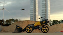 Zeus is Volvo&apos;s autonomous concept wheel loader, equipped with a mapping drone and camera boom on the top of the vehicle dubbed the &ldquo;eye.&rdquo;