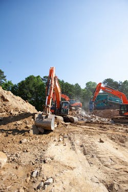 One excavator was used to break down larger rocks.
