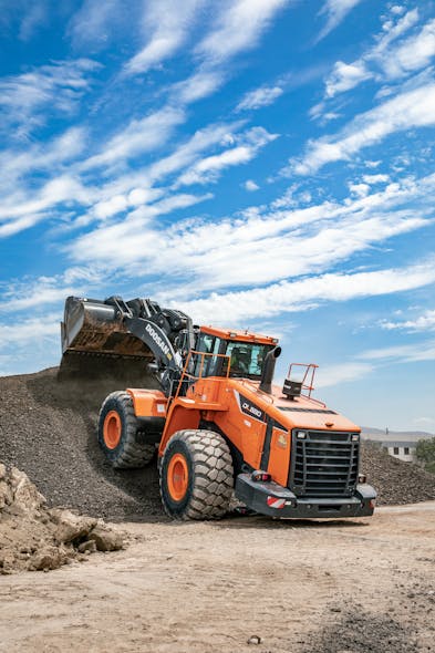 The company&apos;s Doosan DL580-5 wheel loader has a dump height of 10 feet, 5 inches.